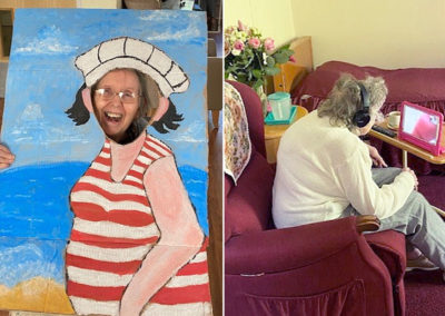 Resident posing with a seaside cut-out and a resident having a Skype call with family