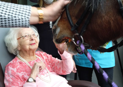 Princess Christian Care Home resident on her 100 birthday stroking a pony