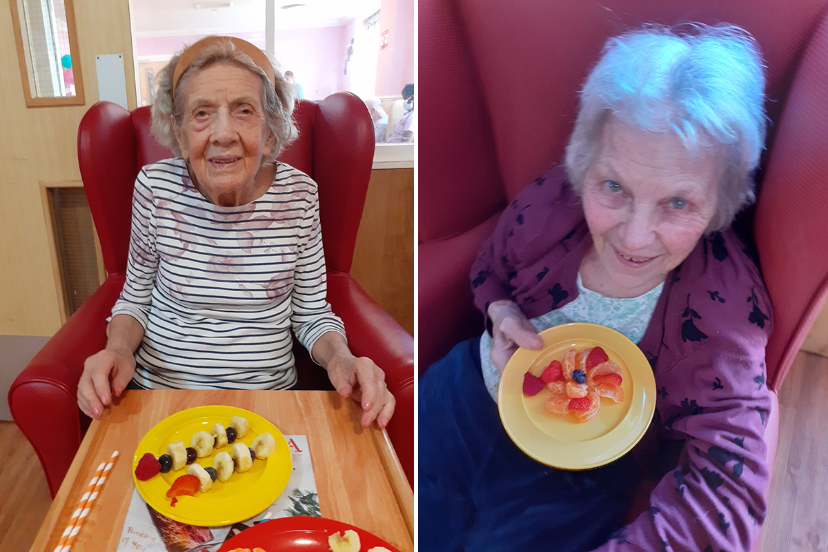 Fresh fruit kebab and a fun fruity picture made my lady residents at Princess Christian Care Home