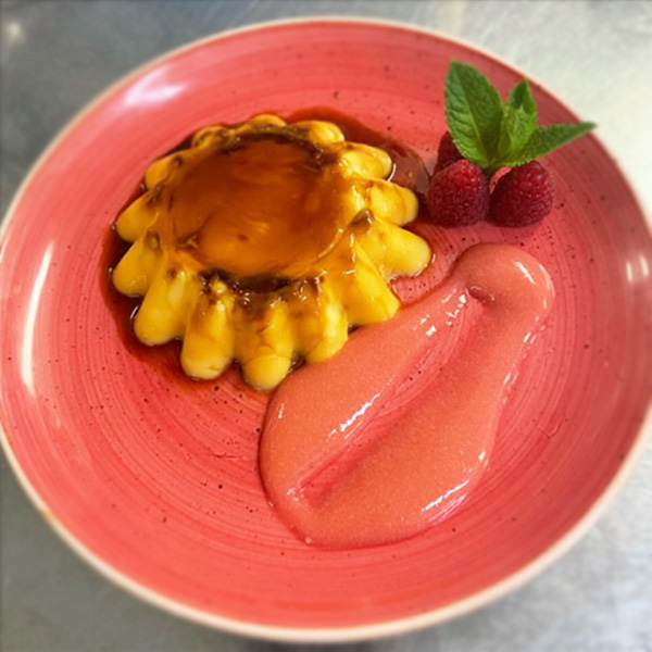 Cream caramel with raspberry purée made by Chef Assistant Paul at Princess Christian Care Home