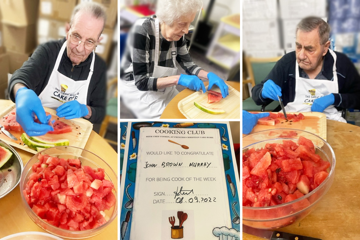 Princess Christian Care Home residents enjoying slicing watermelon at cooking club