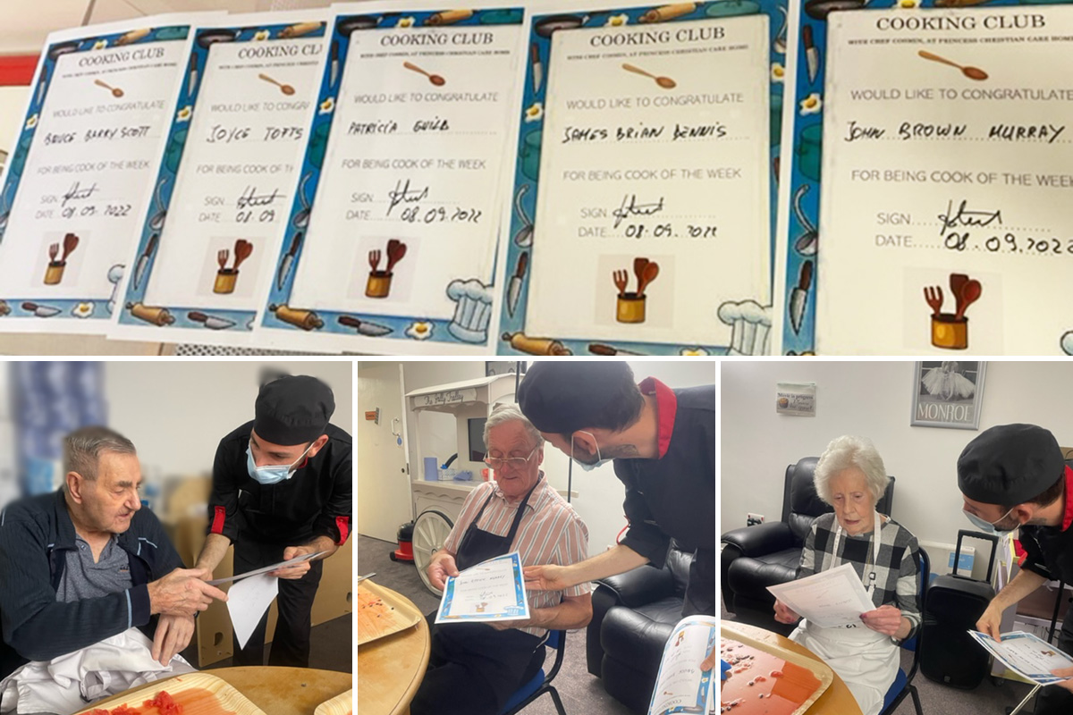 Princess Christian Care Home residents enjoying cooking club and their participation certificates