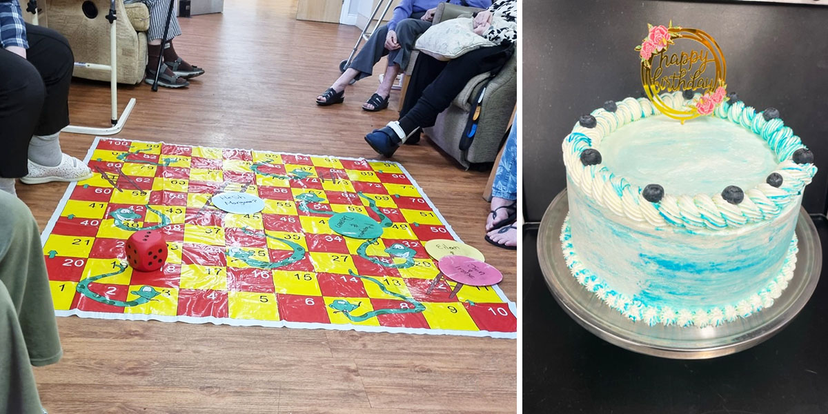 Giant snake and ladders game and Raymond's birthday cake at Princess Christian Care Home
