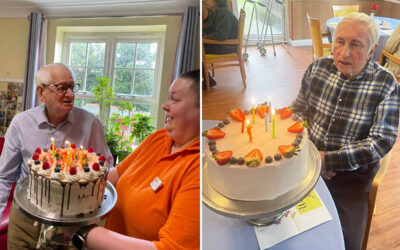 Hesh and Malcolm with their birthday cakes at Princess Christian Care Home